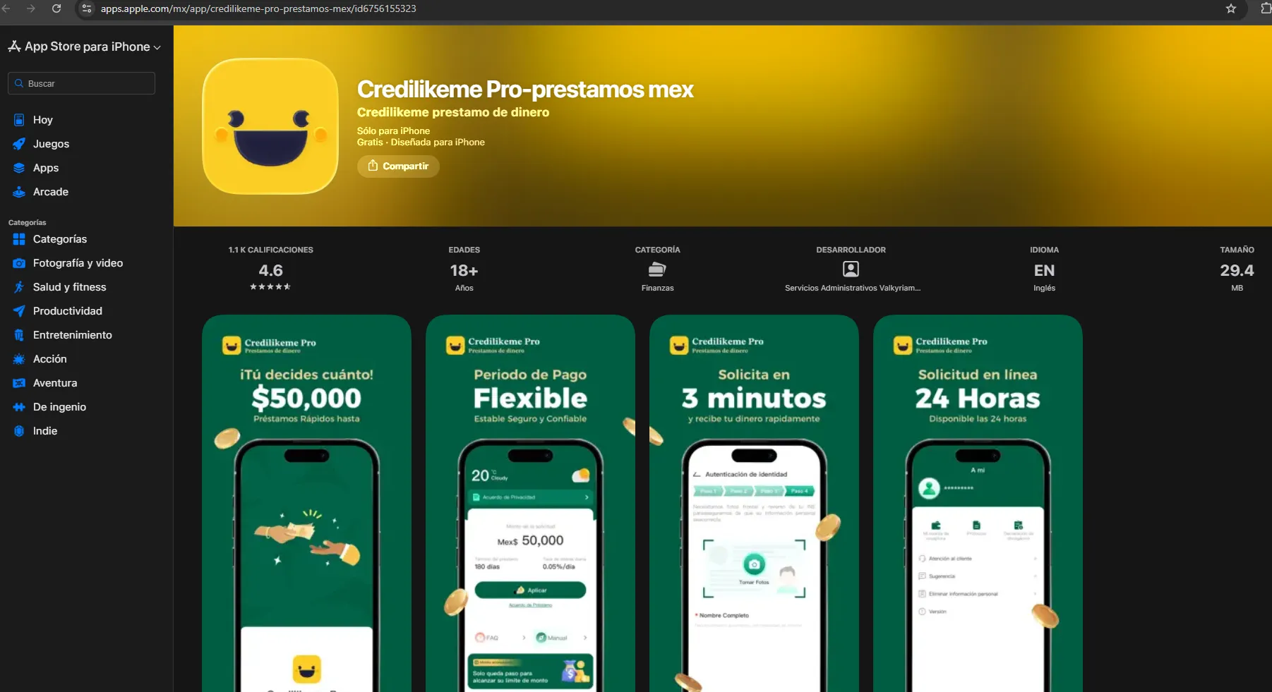 Captura de la app fraudulenta